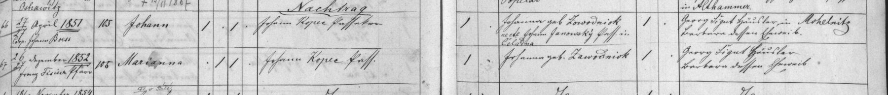 Výřez zápisu: Křest Marianny Kopcové (dodatečný zápis 1865)