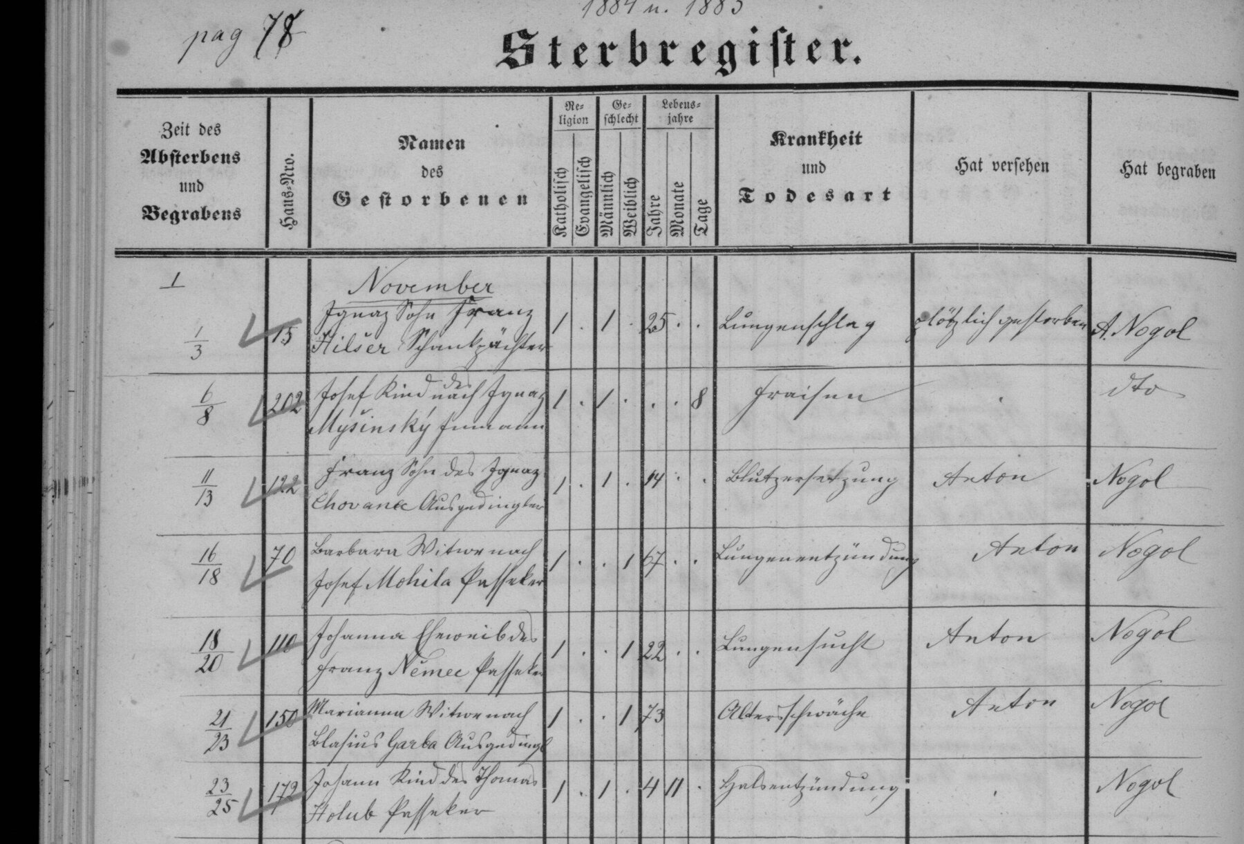 Výřez zápisu: Úmrtí Barbory Mohylové, vdovy po domkáři Josefu Mohylovi (čp. 70)