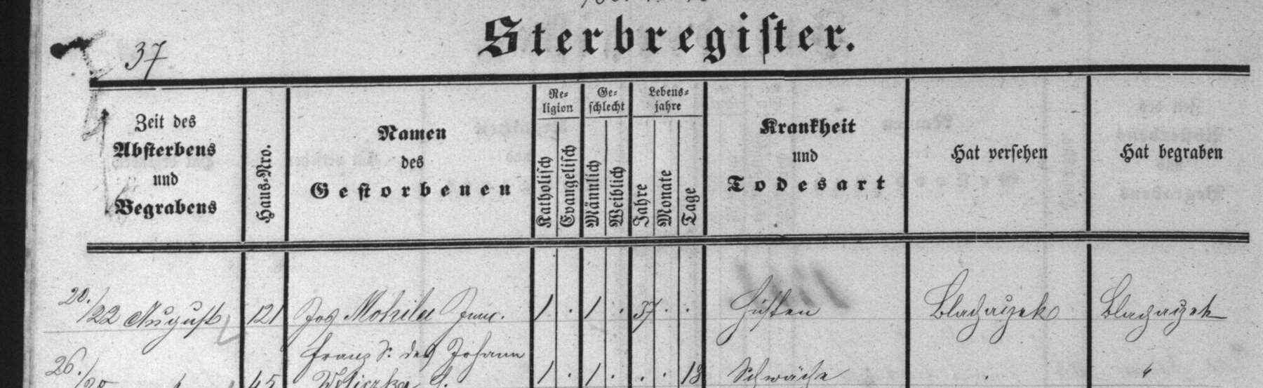 Výřez zápisu: Úmrtí Josefa Mohyly, podruha ve Starých Hamrech čp. 121