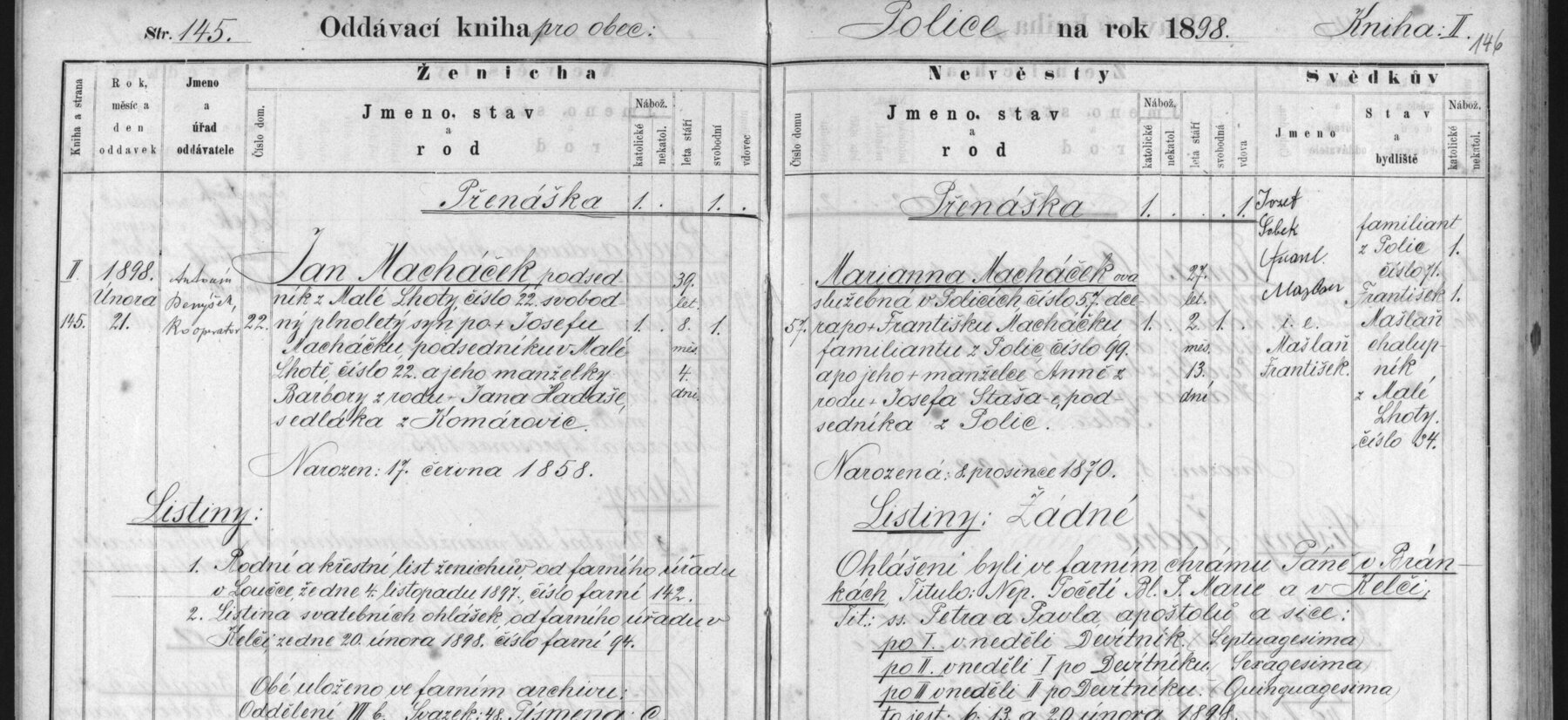 Výřez zápisu: Sňatek Jana Macháčka a Marianny Macháčkové – Andělini prarodiče
